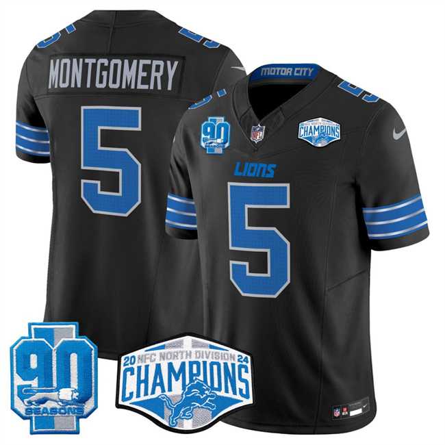 Men's Detroit Lions #5 David Montgomery Black 2024 NFC North Champions 90th Anniversary Patch F.U.S.E. Vapor Limited Stitched Jersey,We sell and wholesale Men's Detroit Lions #5 David Montgomery Black 2024 NFC North Champions 90th Anniversary Patch F.U.S.E. Vapor Limited Stitched Jersey on line form chian!